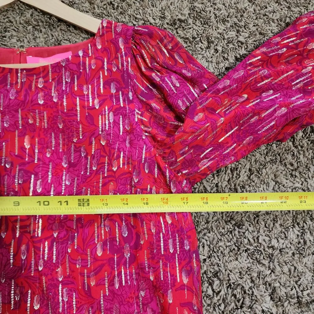 Lilly Pulitzer Metallic Shimmer Floral Puff Sleeve Blouse Top Pink Red Small NWT